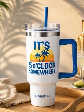 Margaritaville White Travel Mug with Blue Handle & Yellow Sunset Graphic